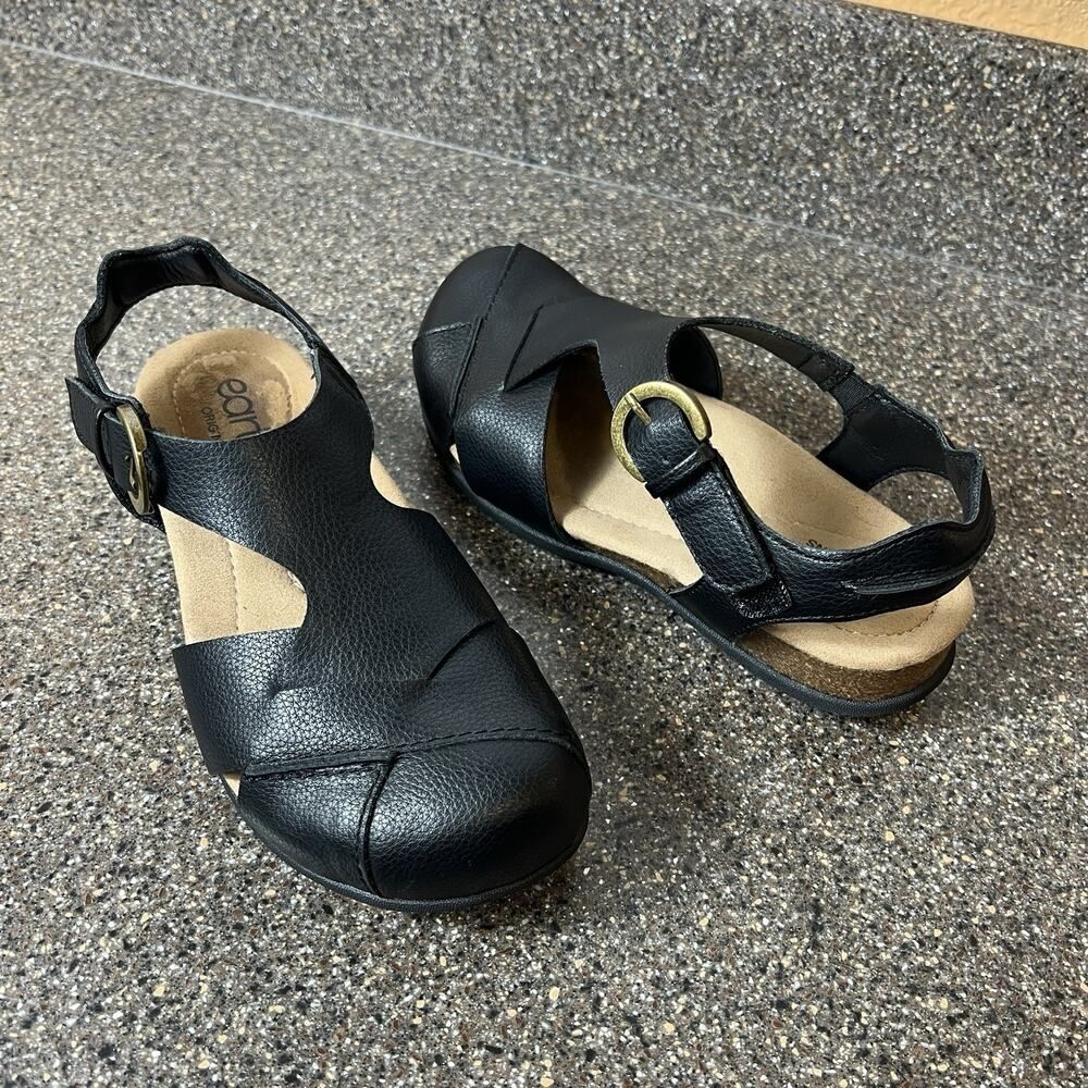 Earth Origins Womens 5.5 M Black Faux Leather Sandals Flat Sling Back Closed Toe